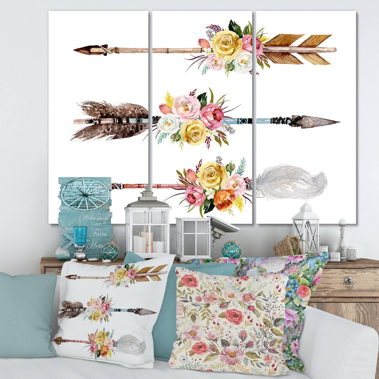 Designart - Ethnic Feathers and Flowers On Native Arrows II - Bohemian & Eclectic Canvas Wall Art Print